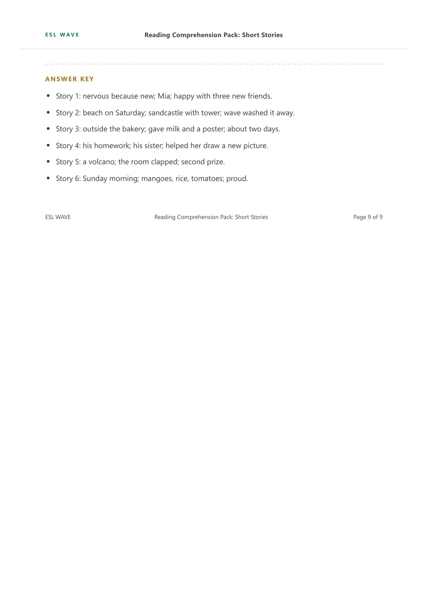 Reading Comprehension Pack: Short Stories — page 9 of 9