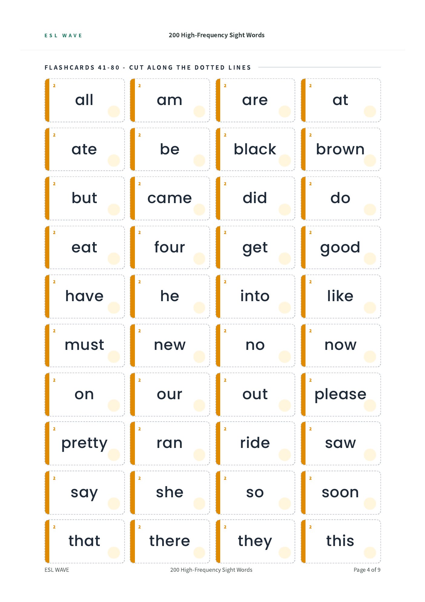 200 High-Frequency Sight Words — page 4 of 9