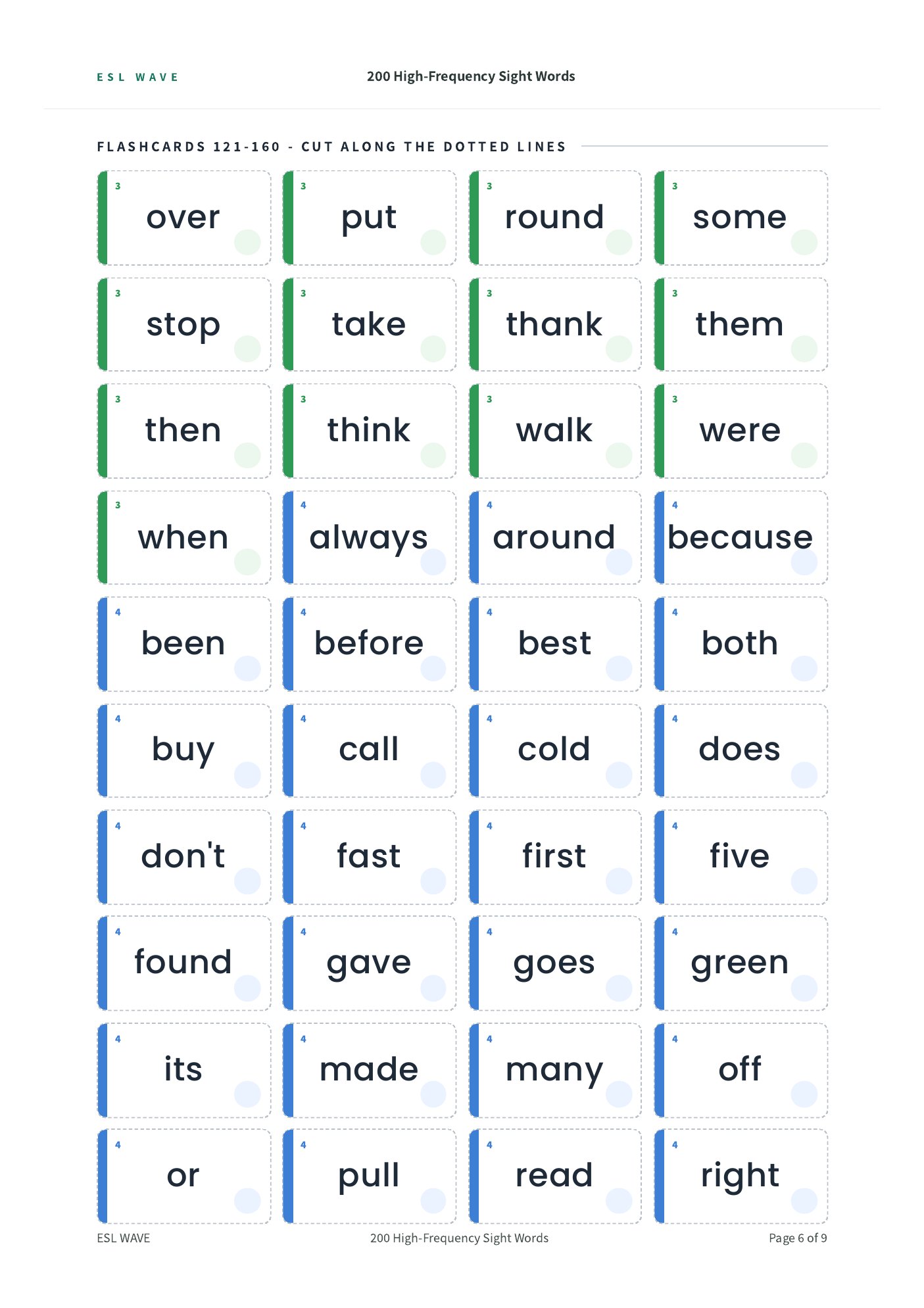 200 High-Frequency Sight Words — page 6 of 9