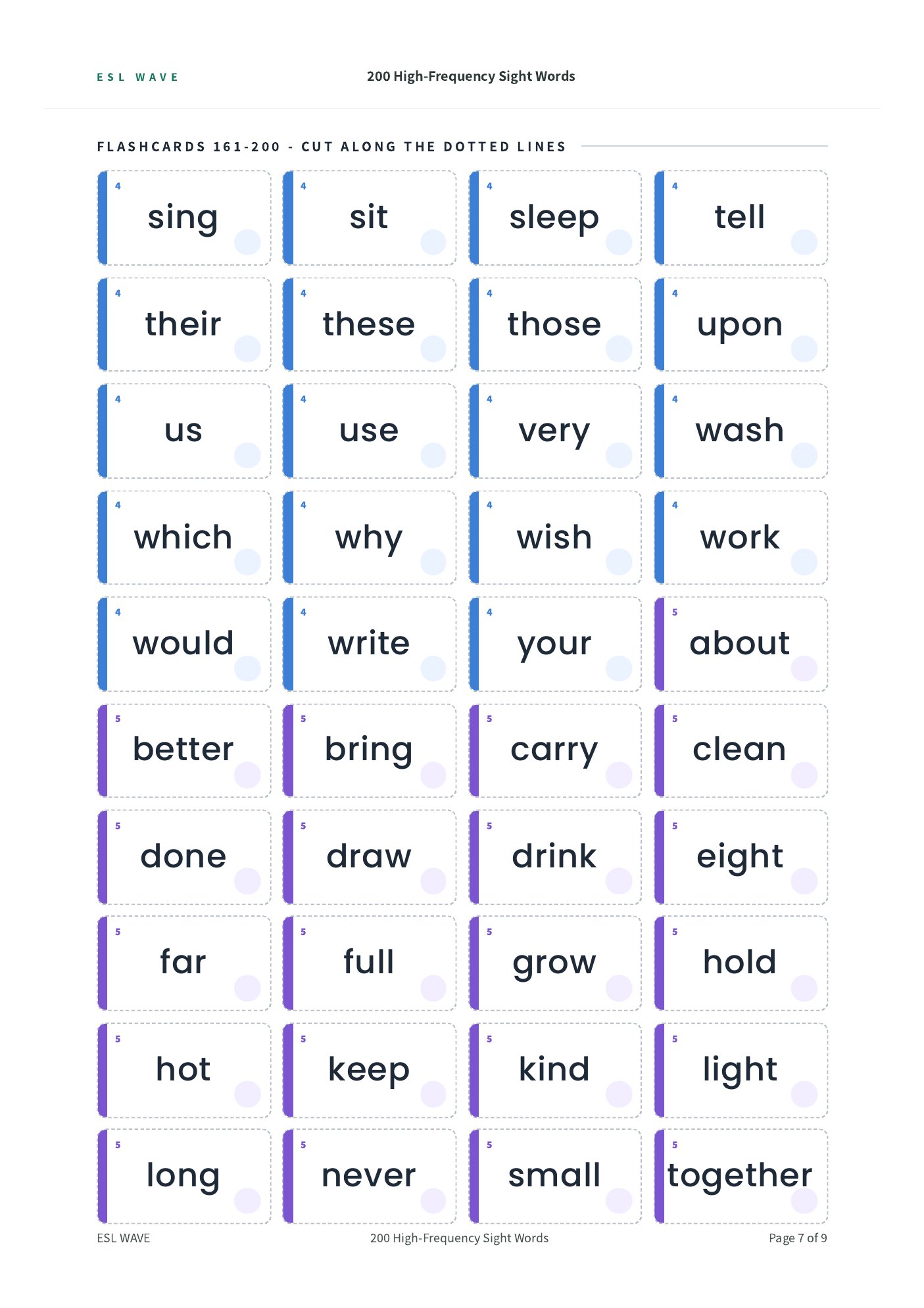 200 High-Frequency Sight Words — page 7 of 9